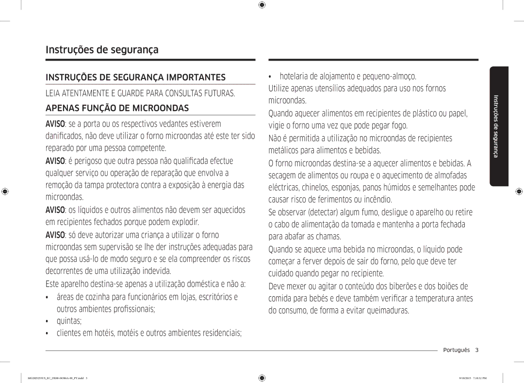 Samsung MG28J5255US/EC manual Instruções de segurança, Português  